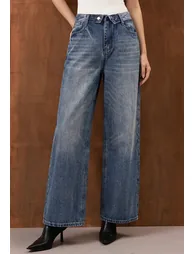 Fold-Over Waistband Straight-Leg Jeans in Blue for Daily Outings & Weekend Trips - 7