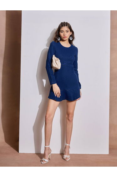 Solid Denim Flared Hem A-Line Mini Dress