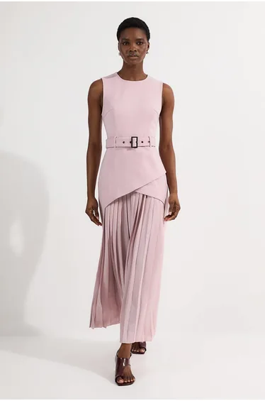 Ponte And Georgette Jersey Pleated Maxi Dress