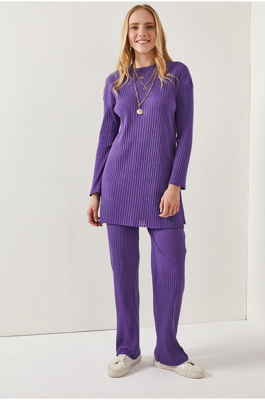 Women's Purple Top Slit Blouse Bottom Palazzo Corduroy Suit