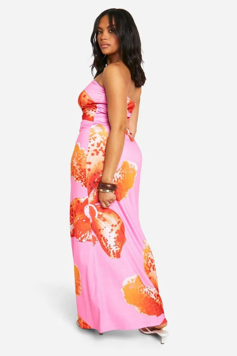 Plus Floral Printed Bandeau Maxi Dress - pink - 1
