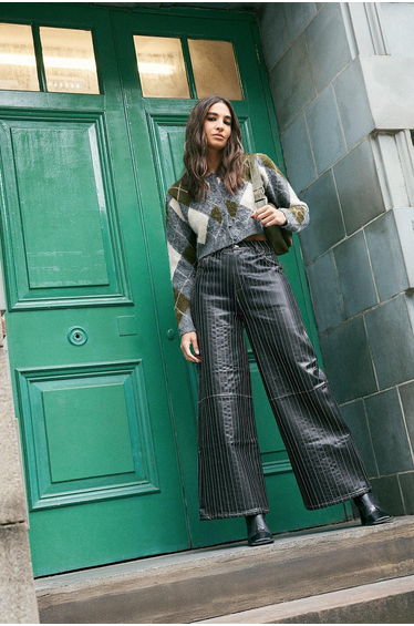 Pinstripe Embroidered Faux Leather Slouch Pant