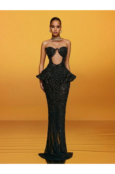 Arygon Strapless Cutout Crystal Maxi Dress In Black