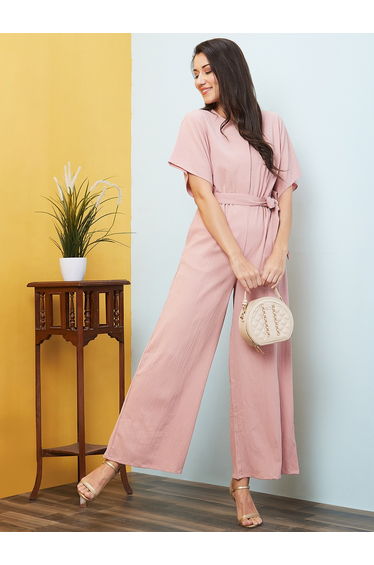 Solid V-Neck Drop Shoulder Waist Tie-Up Jumpsuit