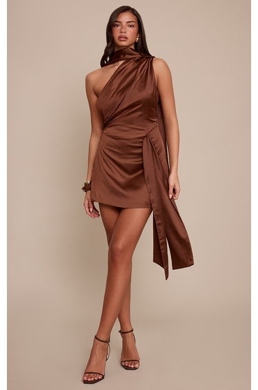 Mocha Satin One Shoulder Drape Detail Mini Shift Dress