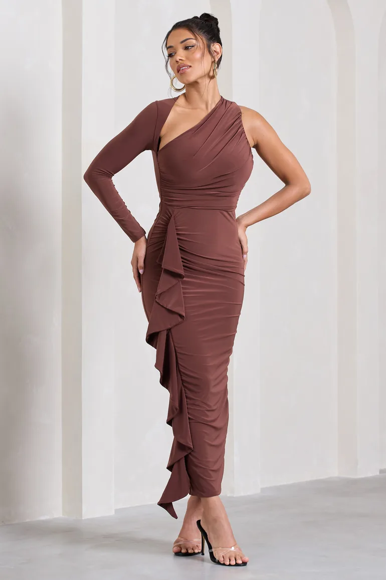 brown sack dress Raye One Shoulder Dress in Chocolate Brown main image 1