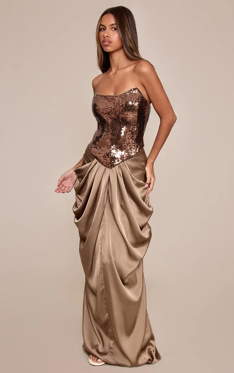 Petite Taupe Satin Low Rise Drape Detail Maxi Skirt - 1