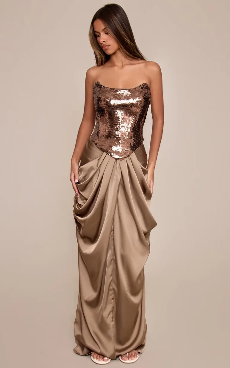 Petite Taupe Satin Low Rise Drape Detail Maxi Skirt