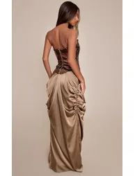 Petite Taupe Satin Low Rise Drape Detail Maxi Skirt - 2