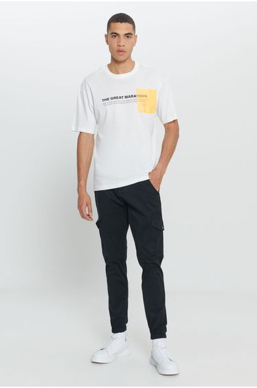 Men's White Loose Fit Loose Cut 100% Cotton Slogan Printed Soft Textured Crew Neck T-Shirt