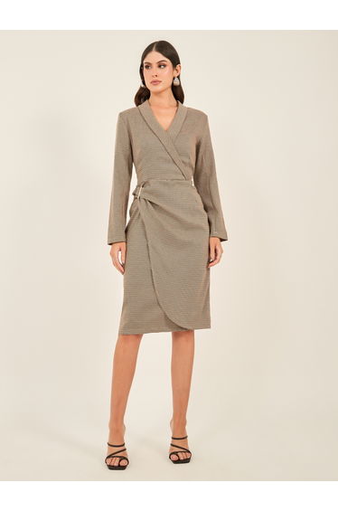 Houndstooth Wrap Blazer Knee Length Dress with Buckle Detail