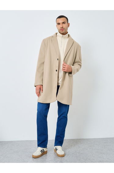 Men Beige Longline Wool Like Coat