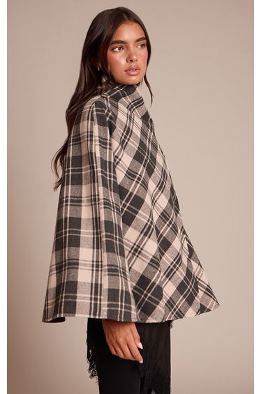 Mono Checked Funnel Neck Wrap Coat