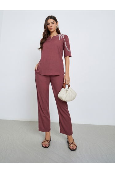 Women Embroidered Panel Top and Pants Co-Ords