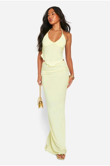 Lettuce Hem Coulumn Maxi Skirt - lemon