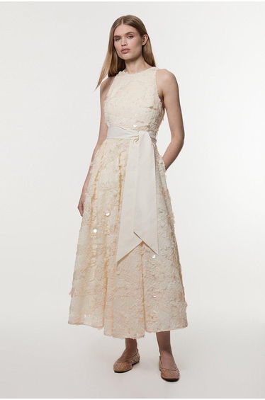 Sequin Floral Belted Woven Maxi Prom Dress