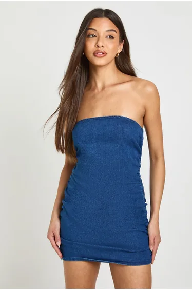 Ruched Strapless Denim Mini Dress - washed indigo