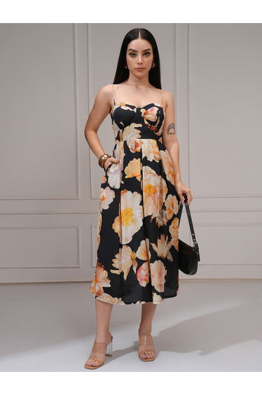 Floral Print Pleated Strappy A-Line Midi Dress