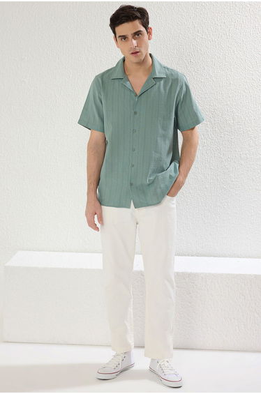 Light Khaki Regular Fit Textured Summer Linen Look Shirt