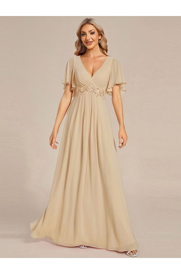 ever IVYROSE|Ruffles Sleeve A-Line Chiffon Waist Applique Maxi Formal Evening Dress