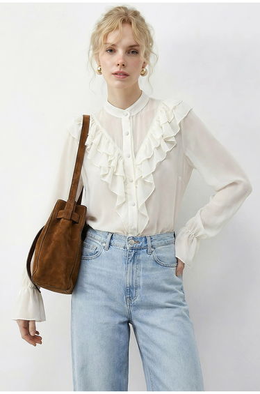 LUCCI Frilly Mandarin Collar Long Sleeve Chiffon Shirt