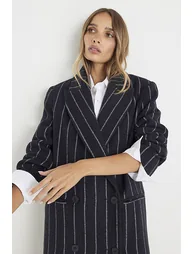 Navy Pinstripe Double breasted Coat - 1