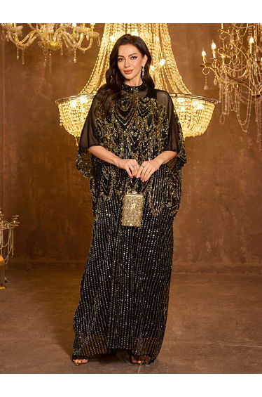 Black Sequin Batwing Sleeves Kaftan Dress with Maxi Dress Set