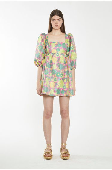 Pink-60's-Flower-Jacquard Babydoll Mini Dress