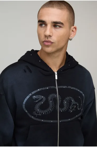 Shrunken Boxy Washed Distressed Rhinestone Hoodie - black