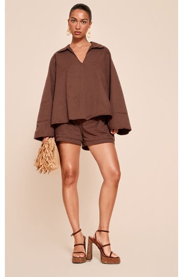 Chocolate Cotton Woven Pleate Detail Floaty Shorts
