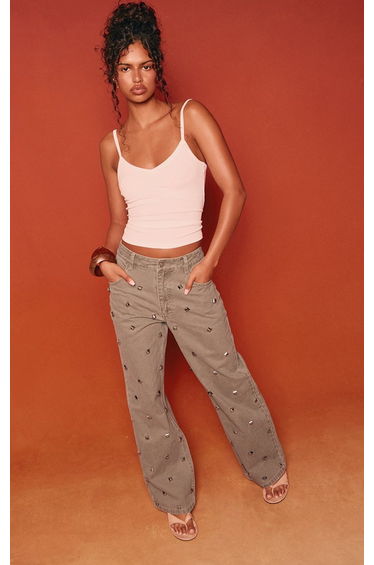 Washed Sage Square Stud Wide Leg Jeans