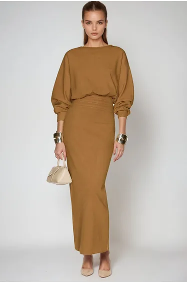 Dominic Balloon Sleeve Bodycon Maxi Dress In Khaki