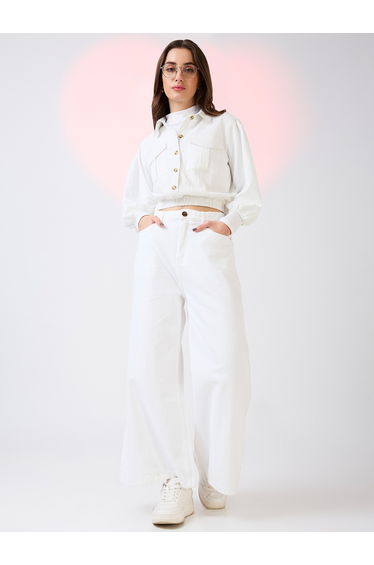 White Textured Crop Shirt with Puffed Sleeves