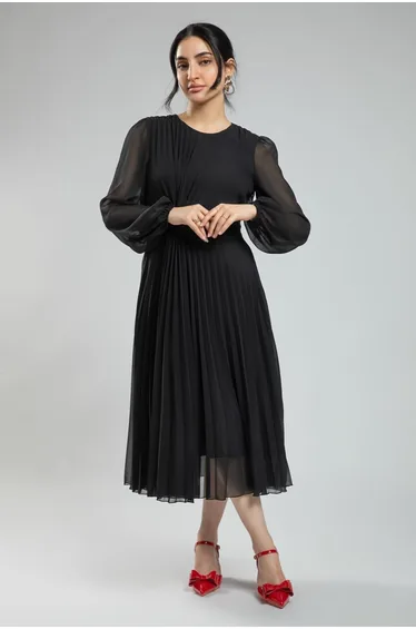 Women's Long Sleeve Feminine Longline Dress - Solid Color Chiffon, Full Pleats