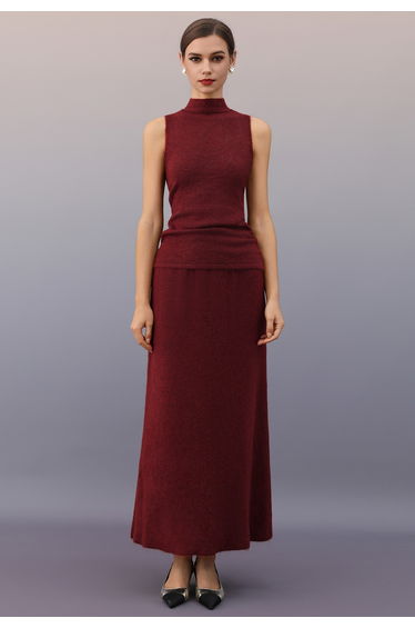 Open Back Bow Sleeveless Knit Top and Maxi Skirt in Burgundy