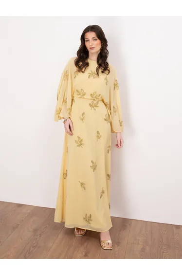 Maya Buttercream Floral Embellished Cape Sleeve Maxi Dress