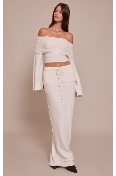 Cream Rib Soft Knit Fold over Maxi skirt