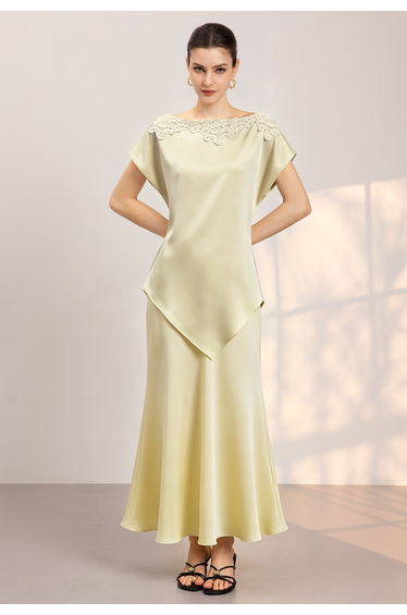 Fluid Draped Satin Flared Maxi Skirt in Pale Yellow for Dinner Dates & Holiday Events