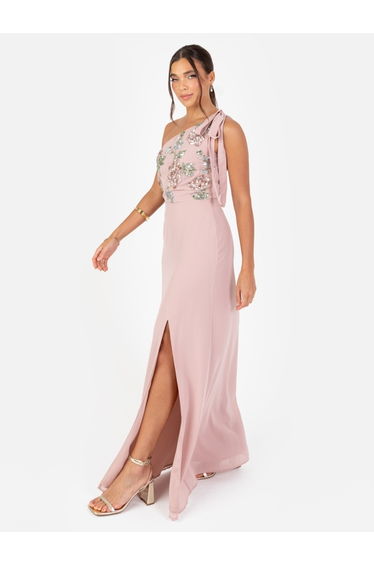 Maya Frosted Pink Floral Embellished Self-Tie One Shoulder Maxi Dress