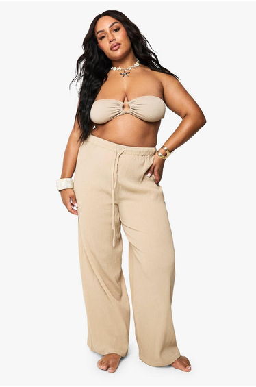 Plus Crinkle Cotton Beach Trousers - beige