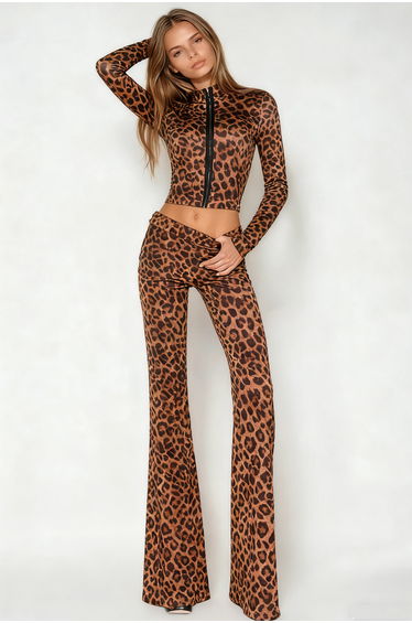Dobromila Leopard Long Sleeve Bodycon Hook Pants Set