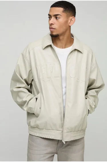 Official Oversized PU Embossed Collard Bomber Jacket - ecru
