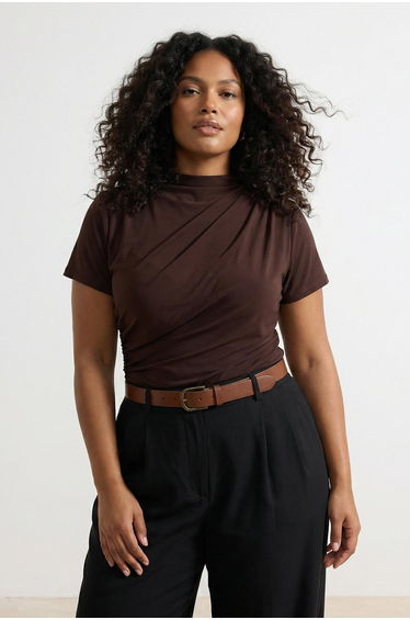 Brown Mock Neck Shirred Sandy Knitted Plus Size Blouse