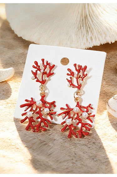 Coral Branch Pearl Decor Dangle Earrings for Oceanfront Dinner & Seaside Photoshoot