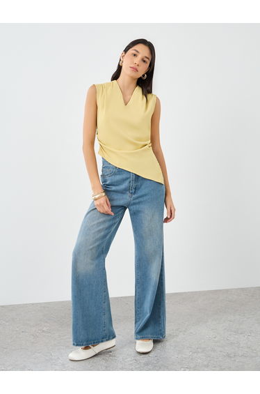 Women Yellow Asymmetric Hem V Neck Blouse