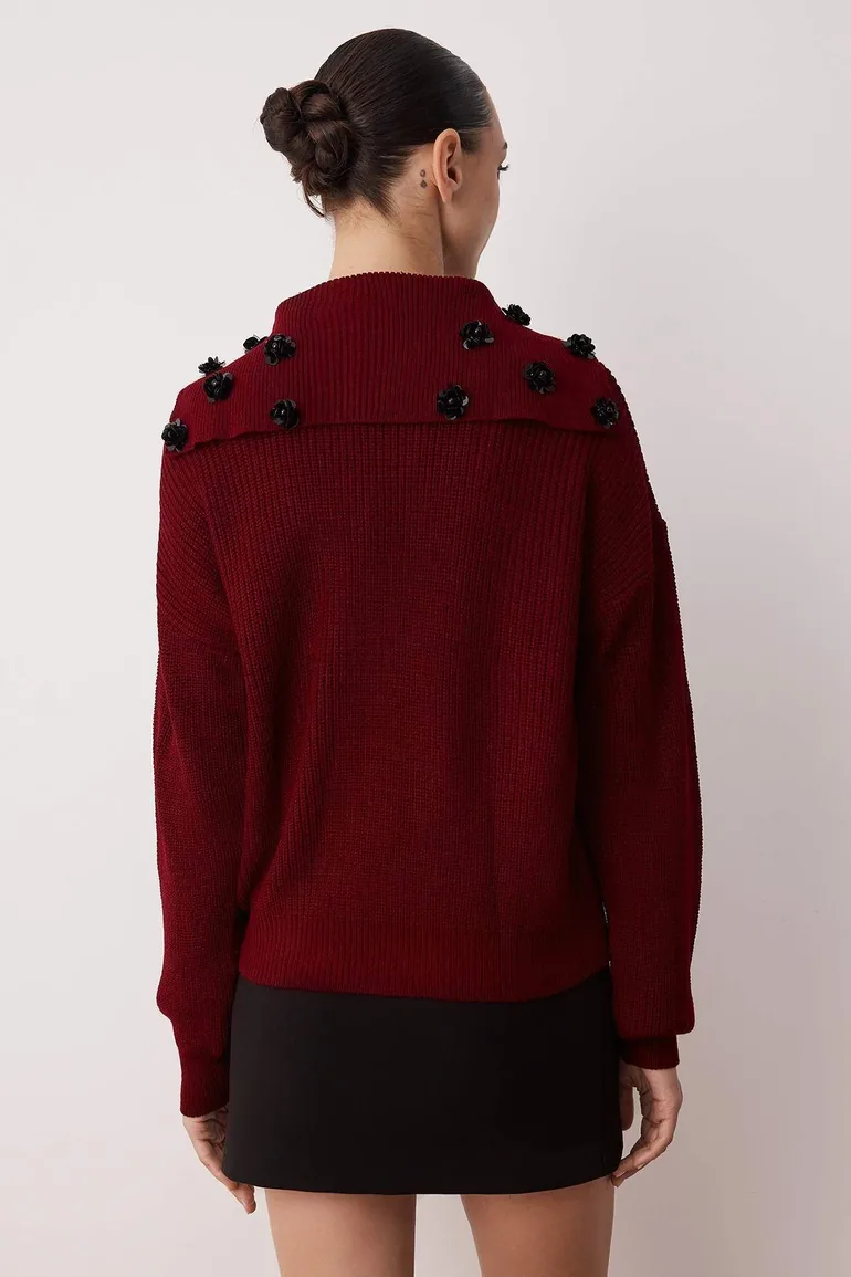 Burgundy Turn-down Collar Rose Accessory Detailed Knitwear Sweater - 3