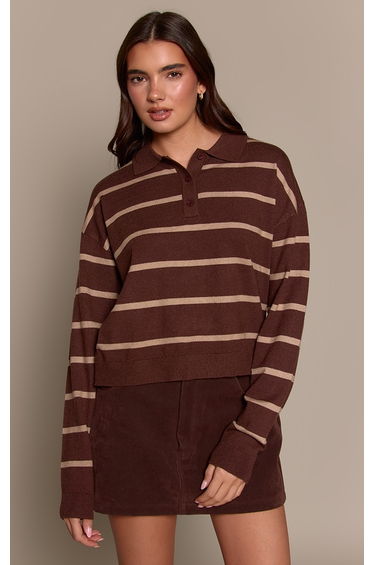 Chocolate Stripe Polo Knit Long Sleeve Rugby Top
