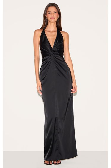 Black Bridesmaid Satin Twist Detail Halterneck Maxi Dress