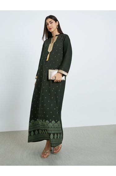 Women Green Embroidered Trim Printed Jalabiya