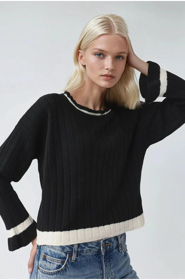 MY FASHION Striped Knit Sweater with Crew Neck